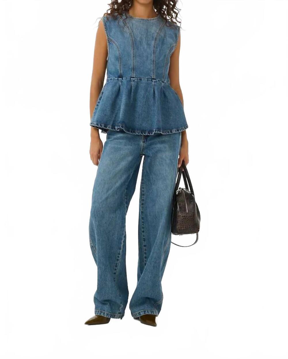 NEW GESTUZ melu denim top in classic mid blue wash